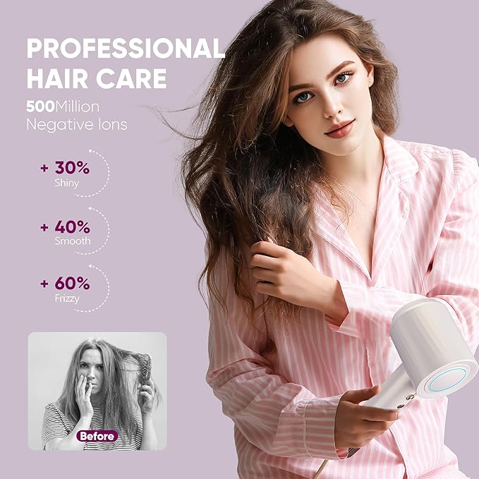 Professional High-Speed Hair Dryer 110,000 RPM, Fast Drying with 500M Negative Ions, Salon-Grade Low Noise Thermo-Control, Includes Magnetic Diffuser & Nozzle (for Home&Travel)-Pink