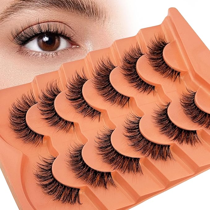Cat Eye Lashes False Eyelashes Natural Look, Yasnai Wispy Fake Lashes Volume Lashes, Strips Lashes Natural Eyelashes Clear Band 6 Pairs Pack