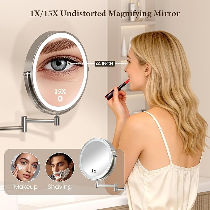 9" Large 15X Rechargeable Wall Mounted Lighted Makeup Mirror Nickel, 5000mAh HD Magnifying Mirror with 3 Color Bright Lights Touch Screen Dimmable, 17" Extendable 360° Swivel Bathroom Vanity Mirror