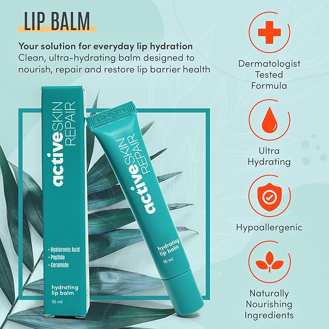 Active Skin Repair Hydrating Lip Balm for Dry Lips, Long-Lasting Moisturizing Lip Balm with Hyaluronic Acid, Peptides, and Ceramides, 10 ml.