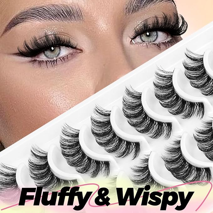 Ahrikiss Russian Lashes Clear Band False Eyelashes Wispy Natural Look, D Curl Fake Strip Eye Lashes Faux Mink Fluffy Eyelashes 10 Pairs Pack(R1)