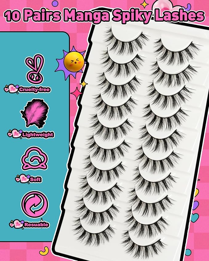 Manga Lashes Spiky False Eyelashes - Wispy Natural Look Anime False Eyelashes 10 Pairs Cotton Band Strip Lashes Cosplay Asian D Curl Fake Lashes by EMEDA(14mm #01)
