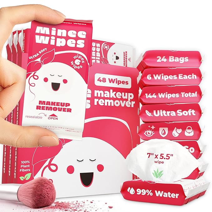 Impossibly Compact Travel Makeup Remover Wipes - 99% Water and Aloe - Ultra Soft, Safe for Sensitive Skin, Thick & Durable - Travel Essentials for Adults & Teens - Scented (24 Pack 144 Wipes)