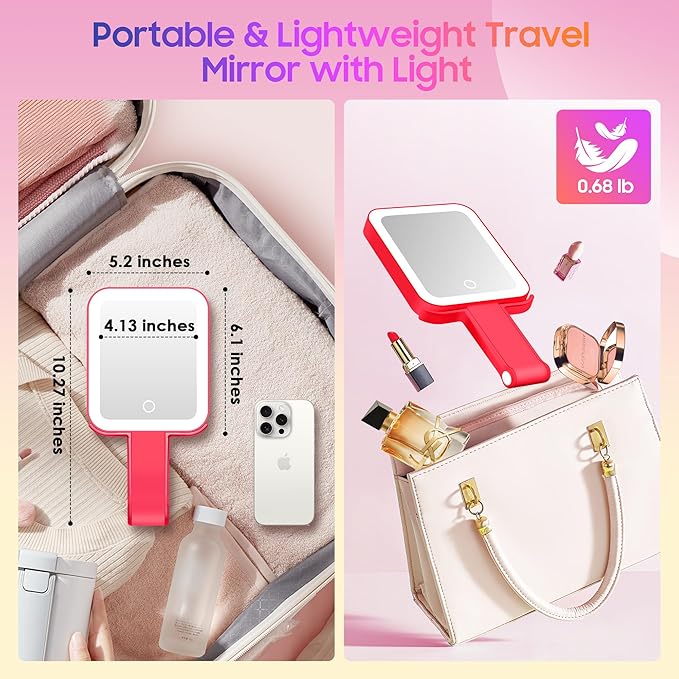 Magnifying Travel Mirror with Light, 30X/1X Double-Sided Magnifying Mirror with 3 Color Lights, Brightness Adjustable, Foldable Handheld Makeup Mirrors Portable for Travel and Desktop Use