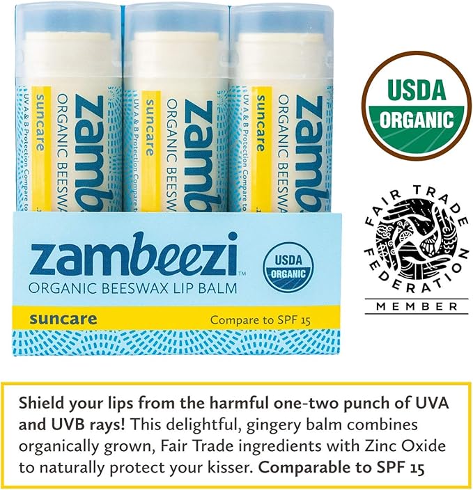 Organic, Fair Trade Beeswax Lip Balm - Suncare 3 Pack - Mineral Based Zinc Oxide Sun Protection - Ethically Sourced
