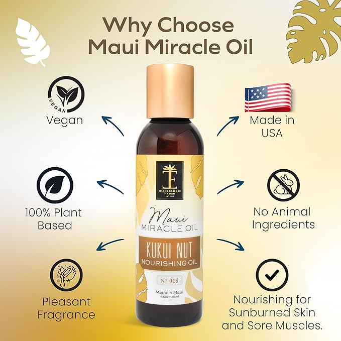 Island Essence Organic Kukui Nut Nourishing Oil – Hawaiian Blend with Kukui Nut Oil for Body & Hair – Made in Maui – 4.5 oz Bottle for Body Massage - Massage oils