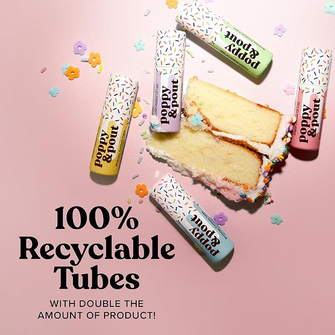 Poppy & Pout Birthday Cake Jumbo Lip Balm | All Natural Lip Balms & Moisturizers | Hydrates with Beeswax, Vitamin E, Organic Coconut Oil | Cruelty-Free | Lip Balm in Recyclable Cardboard Tube (Blue)
