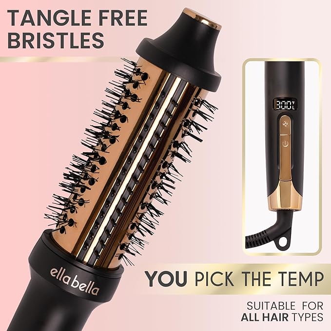 ELLA BELLA® Heated Round Thermal Blowout Brush • Negative ION Plasma Thermal Hot Hair Brush • Volumizer Styler & Curler in 1 • Fast HeatUp • Dual Voltage International Use • Swivel Cord, Auto ShutOff