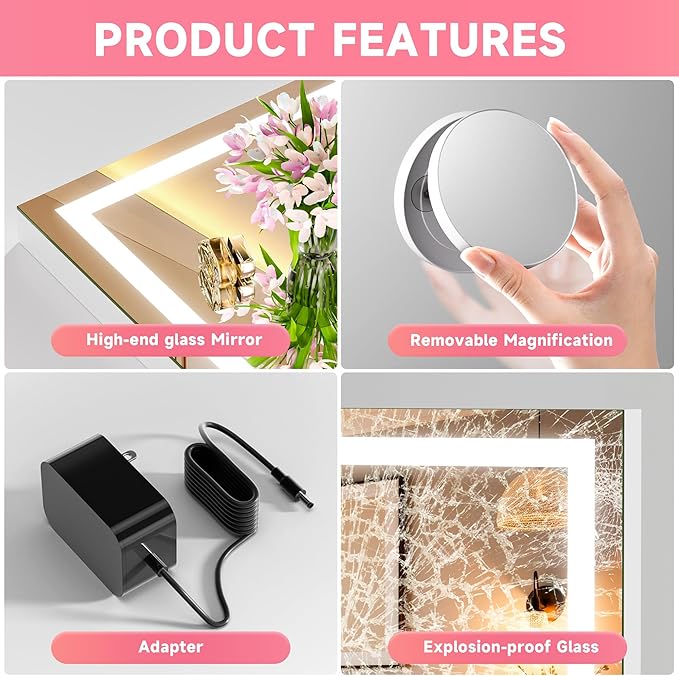 Vanity Mirror with Lights, 40" x 29" LED Makeup Mirror with 10X Magnification, Dimmable 3 Modes, Memory Function, Smart Touch, USB Charging Port, Lighted Makeup Mirror Square White