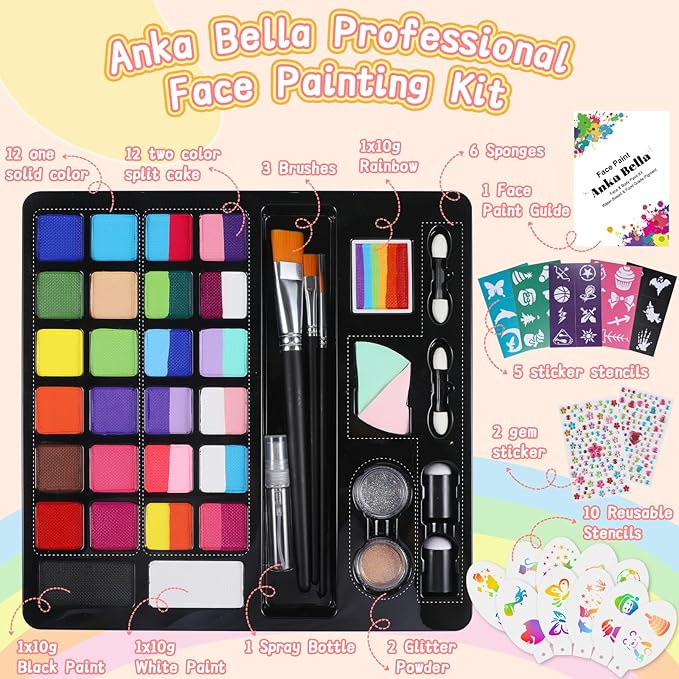 Anka Bella Professional face painting kit for kids，Hypoallergenic & Non-Toxic water based face paint include 26 split cake/1 rainbow cake,Gift for Birthday Parties/Halloween/Carnival