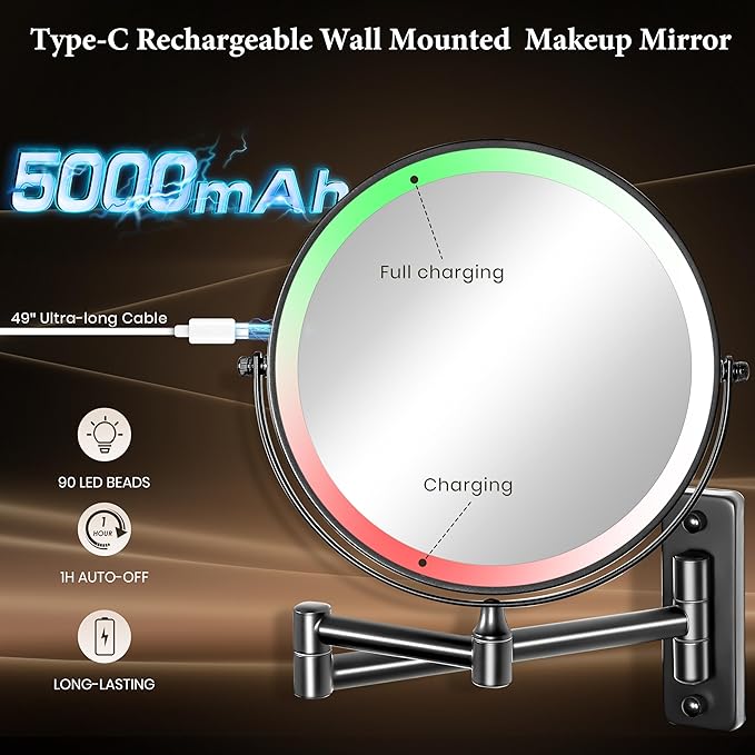 9" Large Wall Mounted Lighted Makeup Mirror Black Nickel, 1X/20X Magnifying Mirror with 3 Color Light, LED Lights Dimmable 5000mAh Rechargeable Wall Mount Makeup Mirror, 360° Swivel 17" for Bathroom