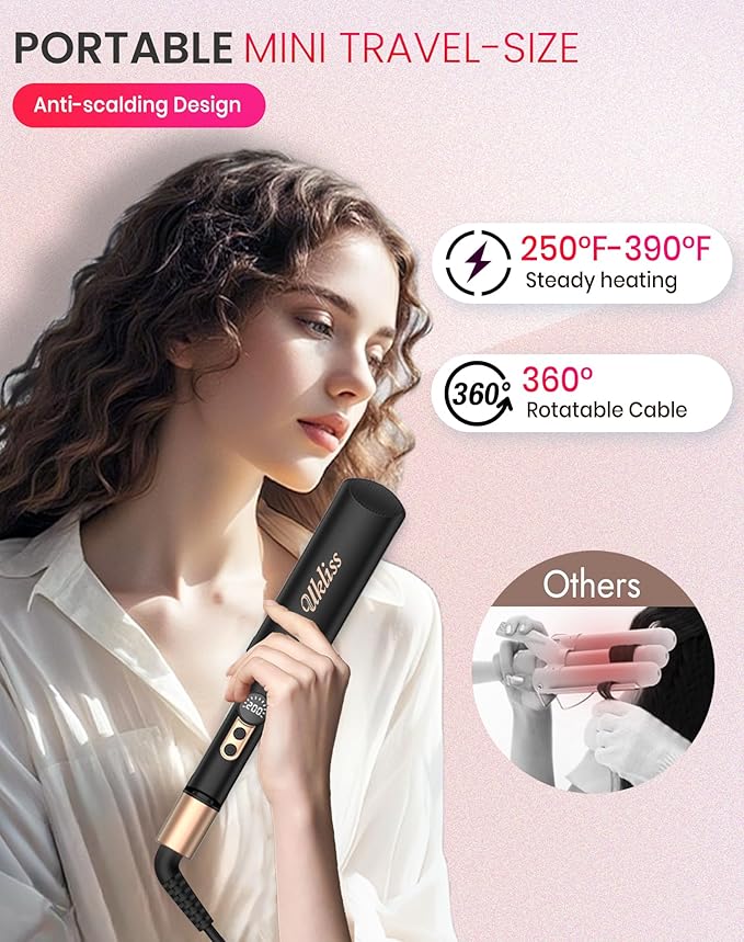 Ukliss Crimper Hair Tool Mini 0.4 Inch Travel Waver Hair Tool for Women Small Double Barrel Waver S Curling Iron Dual Voltage (110-240V) with European Plug Adapter, 5 Temps, Anti-scalding (Black Gold)
