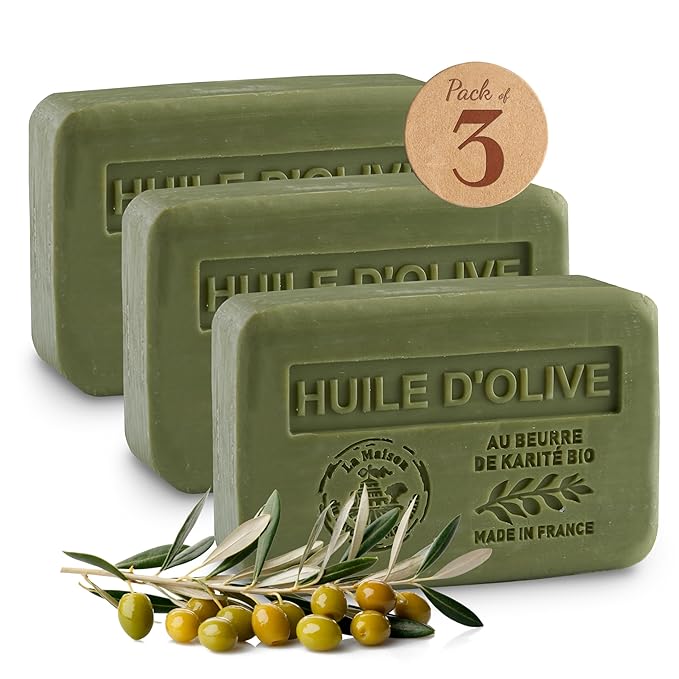 Olive Oil Soap Bars 3xPack – Enriched With Organic Shea Butter - 97% Natural Ingredients - Traditionally Made - French Milled in Provence - Gentle For Skin – 3x8.8 oz - La Maison Du Savon