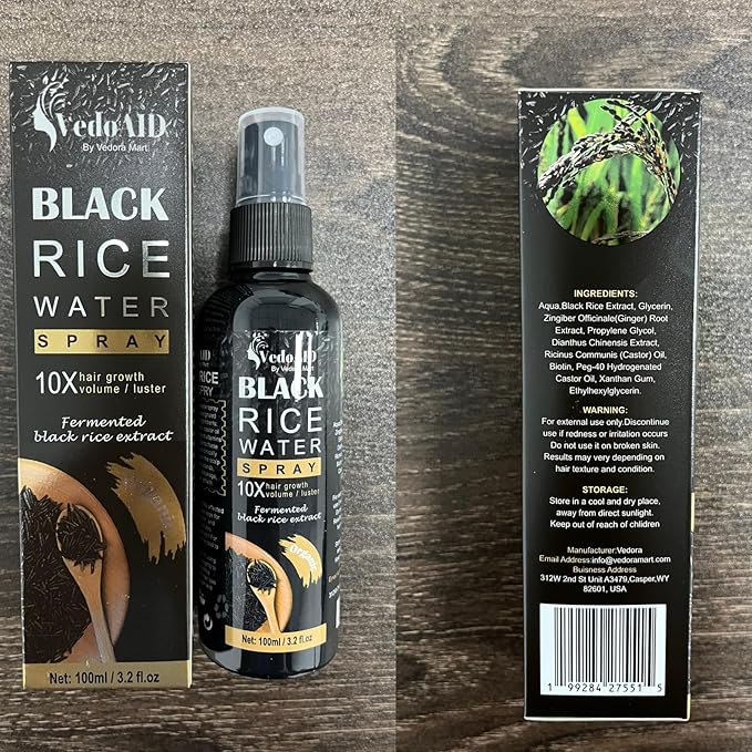 Black Rice Water Spray for Hair Growth – Organic Hair Serum with Castor Oil & Ginger Root – Strengthens, Thickens & Repairs Hair – Hair Loss Treatment for Women & Men – 100ml/3.2 fl.oz (1pc)