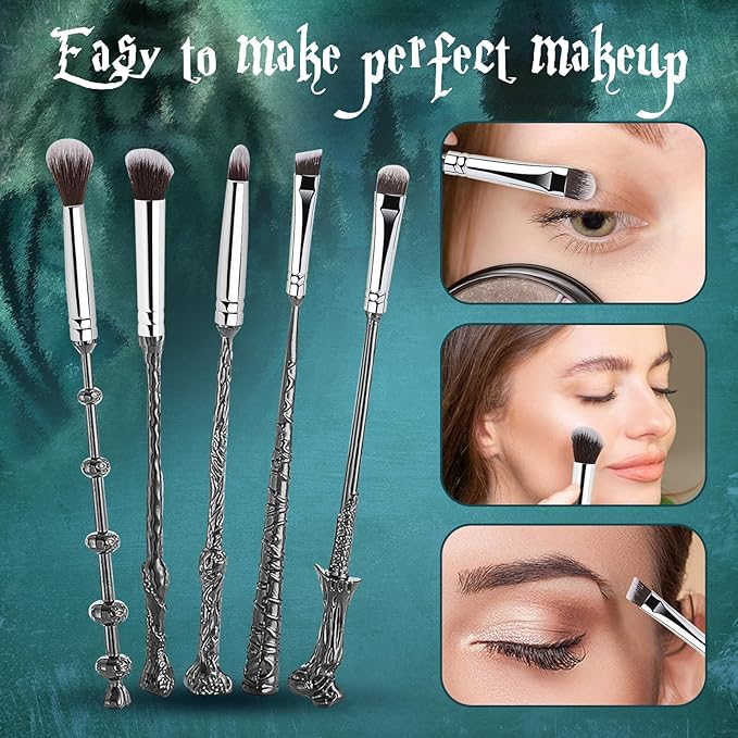 Wi-zard Wand Makeup Brushes Set, Potter Make Up Brush Set for Women Girls 5pcS，Best Harry Gifts for kids(Silver)