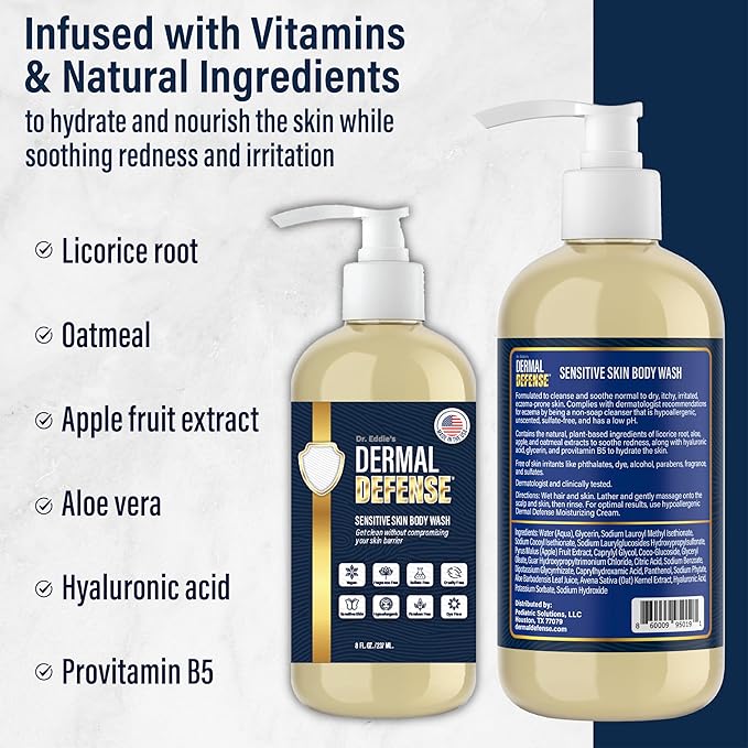 Dr. Eddie's Dermal Defense Sensitive Skin Body Wash - Unscented Body Soap, Hydrating Eczema Bodywash & Shampoo for Women & Men, Gentle Dry Itchy Skin Relief for Adults, Natural Ingredients - 8 fl oz