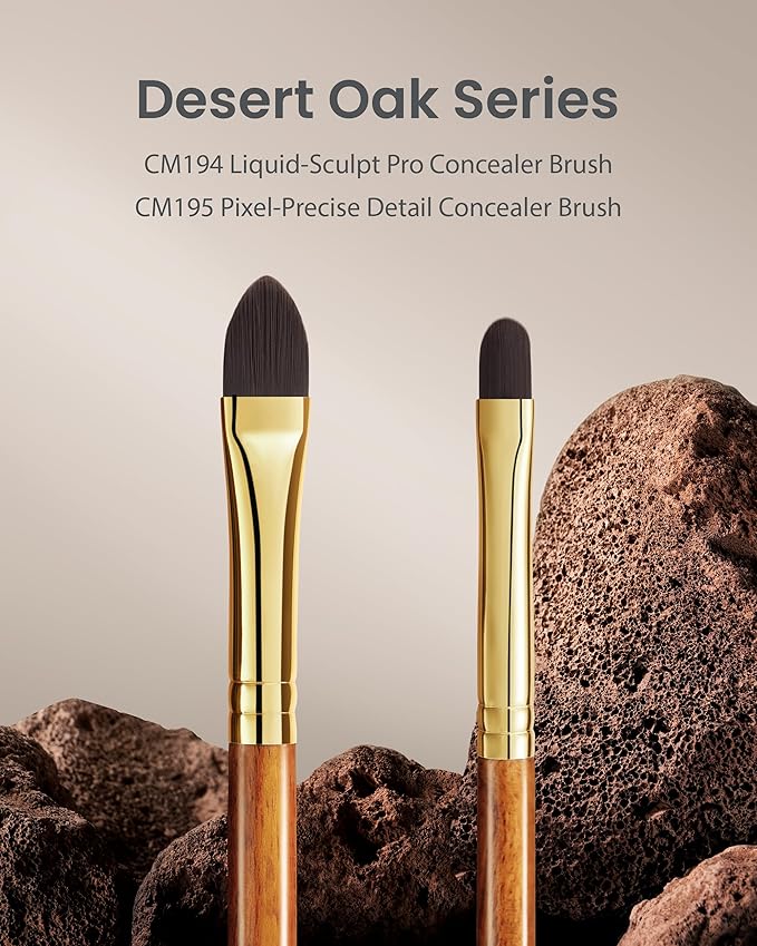 Desert Oak Series Pro Concealer Duo - Wide Teardrop & Micro Detail Brush Set for Under Eyes, Acne Scars & Redness, Bubinga Wood Handles (CM 194 & 195 Kit)