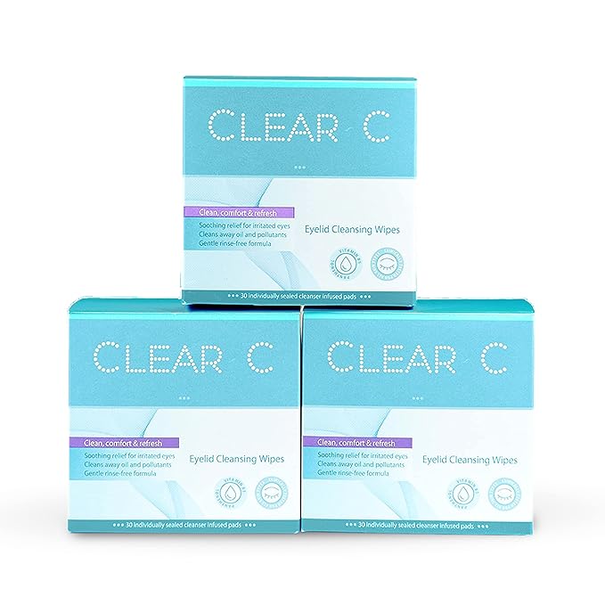Clear C Eyelid Wipes Pre-Moistened for Dry Eyes – Rinse Free Eye Lid Cleaning – Individually Wrapped Travel Eye Wipes, 3 Boxes of 30