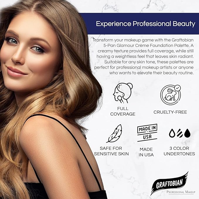 Graftobian HD Glamour Crème Foundation Palette (Warm #2) - High Definition 5 Color Makeup Palette, Cream Based Foundation Concealer and Contour Palette, Full Coverage - Medium Warm Skin Shades
