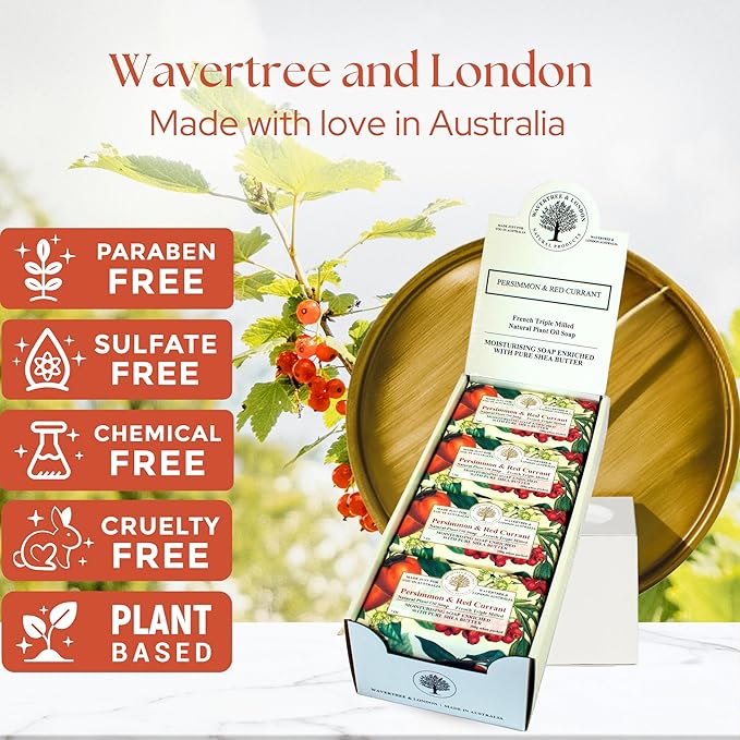 Wavertree & London Persimmon & Red Currant Scented Natural Soap (8 Bars), 7oz Moisturizing French Triple Milled Soap Bars enriched with shea butter - Pure Plant Oil Bath & Body Bars for All Skin Types