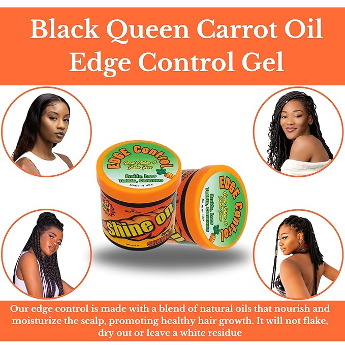 Black Queen ® Carrot Oil Edge Control Gel – Bonus Size 5.6 oz (25% More) – Extreme Hold for 4C Hair, Edges & Baby Hairs – No Flakes, No Drag – Unscented, Made in USA
