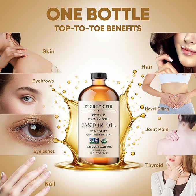 SPORTYOUTH Castor Oil Organic - Cold Pressed, Hexane Free, 100% Pure, USDA Certified, Unrefined Glass Bottle 32oz Non-GMO Carrier Oil for Face, Skin, Hair Growth, Castor Oil Pack, Eyelashes, Brows