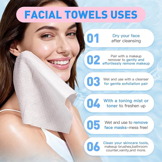 Face Towels Skin Club,1 Pack 50 Ct makeup remover wipes, 10"×12" Disposable eyelid wipes XL, Ultra Soft Makeup Remover Dry Wipes, Facial Towel