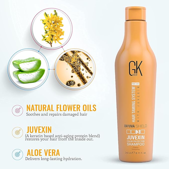 GK Hair Shield Shampoo 8.11 Fl Oz – Color Safe, UV Protection, Aloe Vera & Argan Oil, Sulfate and Paraben Free, Repairs Damage, Boosts Shine, Hydrating, Vegan Hair Care