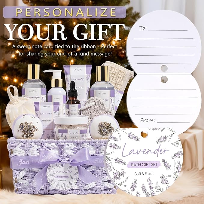 Birthday Gifts for Women, Lavender Relaxing Spa Gift Baskets for Women Self Care Package Bath Gift Set, Home Bath and Body Kit Pamper Valentines Day Gifts for Her Womens Mom Friends Wife Girlfriend