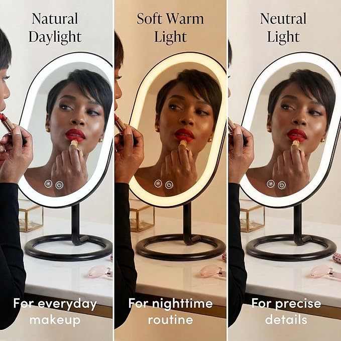 Fancii Vera LED Lighted Vanity Makeup Mirror, Rechargeable - Cordless Illuminated Cosmetic Mirror with 3 Dimmable Light Settings, Dual Magnification (Obsidian)