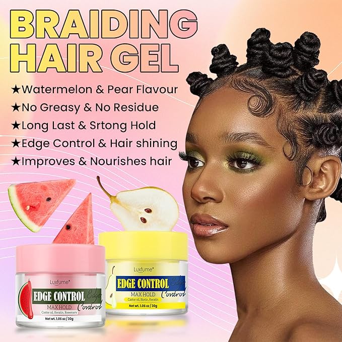 Edge Control Gel 2-Pack,Strong Hold, Shine & Styling, No Residue, Non-Greasy Formula for Smooth Edges, All Hair Types-Watermelon & Pear Scented (2x1.06oz)