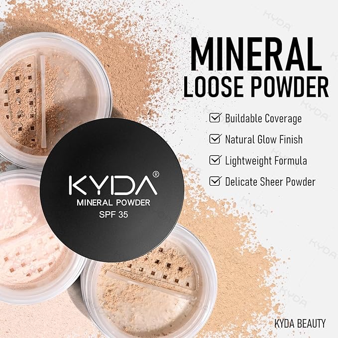 KYDA Mineral Powder Foundation, SPF 35, Lightweight Loose Powder, Skin-Improving, Buildable Coverage, Natural Glow Base Makeup, 0.28 oz, Medium Beige