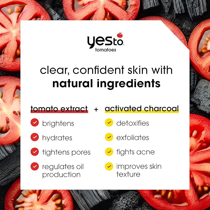 Yes To Tomatoes Charcoal Bar Soap with Tomato Extracts & Sunflower Seed Oil - Detoxifying Face & Body Soap for Men, Women, and Teens, 6 oz - Paraben-Free