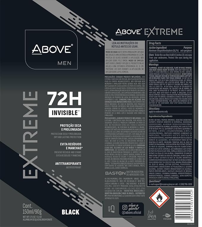 ABOVE Extreme Men Black - 72H Antiperspirant Spray Deodorant for Men 5.07 Fl Oz | Aluminum-Free | Fresh Mist, No Stain, No Alcohol, Long-Lasting Men's Deodorant Spray | Lavender and Oliban