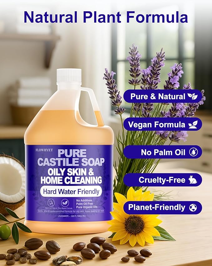 Pure Castile Soap Liquid Lavender 1 Gallon (128 fl oz) Refill – Natural Organic Body Wash, Hard Water Friendly Bath Soap Liquid for Oily Skin,Body,Face, Laundry & Home Cleaning