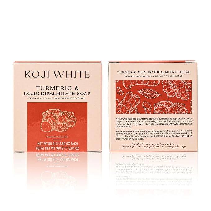 Koji White Turmeric Kojic Acid Soap, Unscented Soap for Sensitive Skin, Uneven Skin Tone, Smooth Skin for Face & Body-Acne with Shea Butter - Vegan, Fragrance-Free, Hypoallergenic, 2.82 oz (2 Bars)