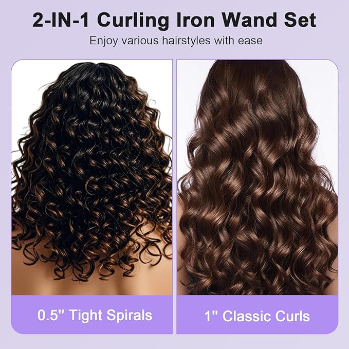 2 in 1 Curling Wand Set, 1/2 Inch Curling Iron Set with Interchangable Ceramic Curling Wand 1 Inch, Fast Heating Up Hair Curler, Dual Voltage Wand Curling Iron