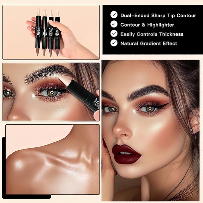 MAEPEOR 2-in-1 Contour Highlighter Stick Non-greasy and Non-drying Contour Pen Long Lasting Waterproof Face Brighten Contouring Makeup Pen (04 Pink Golden & Tan)