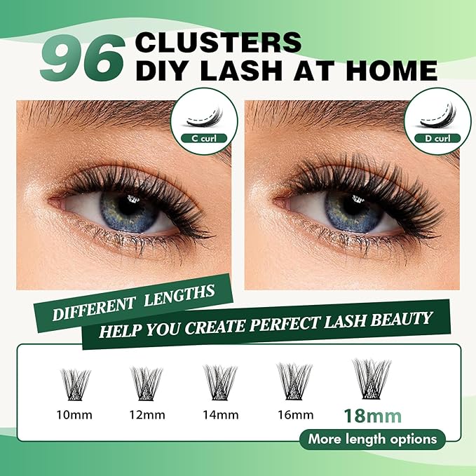 Lash Clusters 96pcs Individual Lashes D Curl 10mm Eyelash Clusters KEYYOU Volume Wispy Lash Extension Soft&Comfortable Easy DIY at Home(Y19,D-10mm)