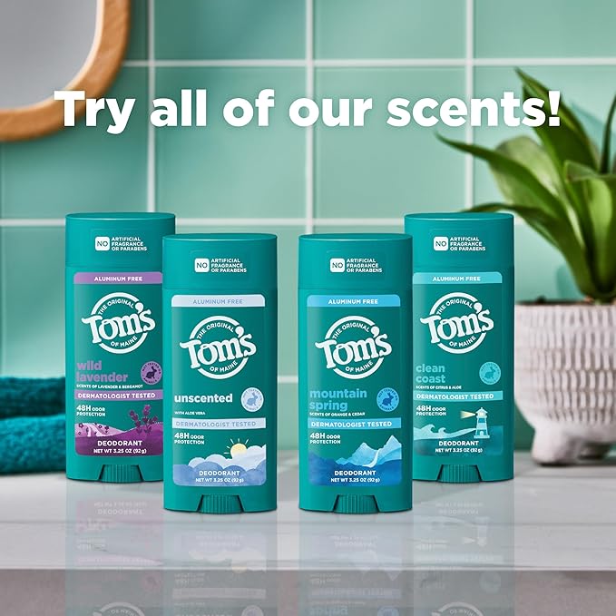 Tom’s of Maine Wild Lavender Natural Deodorant for Men and Women, Aluminum Free, No Artificial Fragrances, Dyes, or Preservatives, Baking Soda Free, 48-Hour Odor Protection, 3.25 oz (2 Pack)