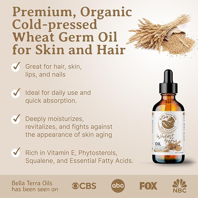 Bella Terra Oils - Organic Wheat Germ Oil 8 oz - Potent Vitamin E Oil for Skin, Celebrate Beauty with Essential Nutrients, The Pinnacle of Face Oils
