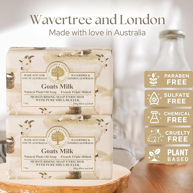 Wavertree & London Natural Goat Milk Soap Bars (2 Bars) – 7oz Individually Wrapped, French Triple Milled Moisturizing Bath Bar Soap Enriched with Shea Butter, Chemical-Free Sensitive Skin Bar Soap