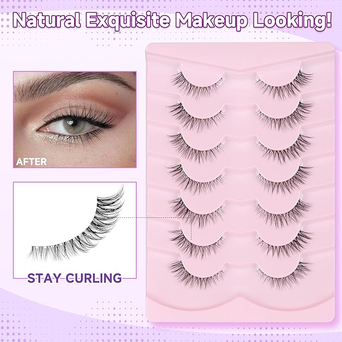 False Eyelashes Natural 11mm Short Lashes Wispy Eyelashes with Thin Band 3D Volume False Lashes Soft Strip Lashes Pack C Curl Natural Eyelashes Fake Lashes 7 Pair EVENTILL