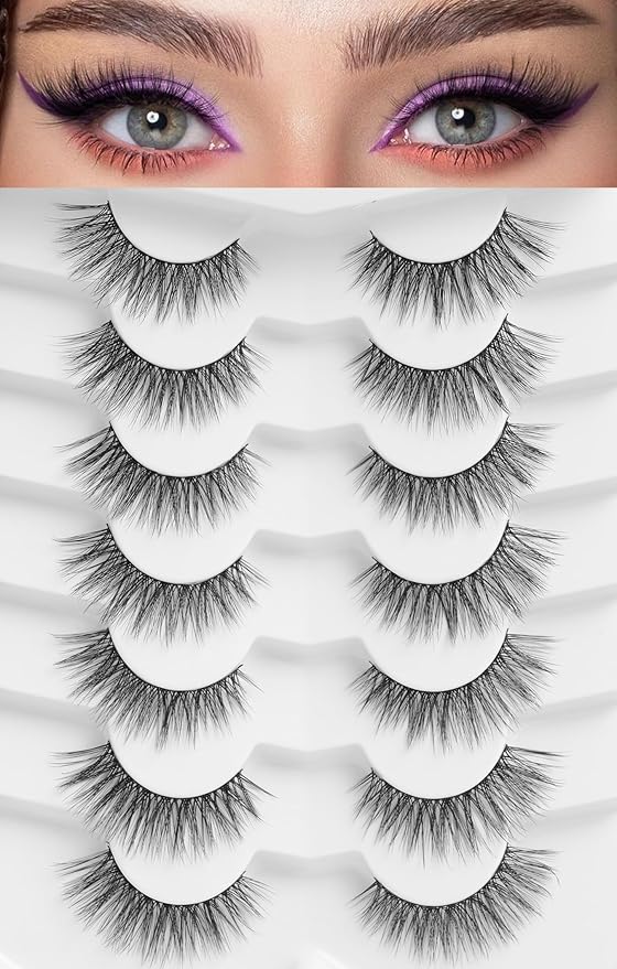 Lashes False Eyelashes Natural Cat Eye Lashes 14mm Wispy Eyelashes with Thin Band 3D Volume False Lashes Soft Strip Lashes Pack C Curl Natural Eyelashes Fake Lashes 7 Pair EVENTILL