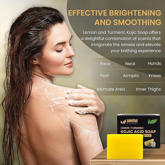 AMVital Lemon Turmeric Kojic Acid Soap Bar - 3-Pack Plant-Based Face & Body Bar Soap - Gentle Daily Soap for All Skin Types - Vegan Skincare Gift for Men & Women