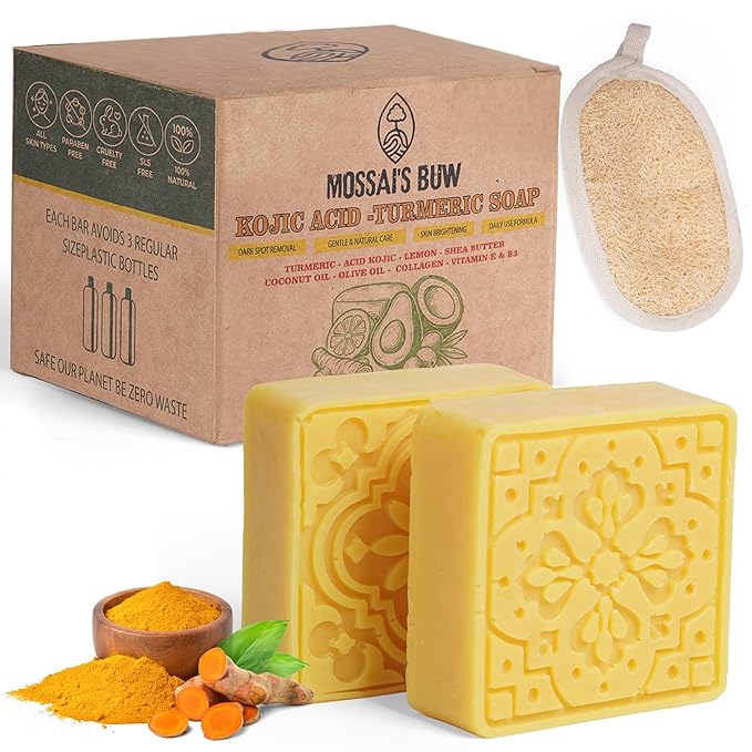 Kojic Acid and Turmeric Soap Bar for Dark Spots – Natural Brightening Bar with Coconut & Olive Oil, Lemon, Shea Butter, Vitamin C&E – Cleansing Moisturizing Bath Soap (2Pack) + Loofah Bath Sponge