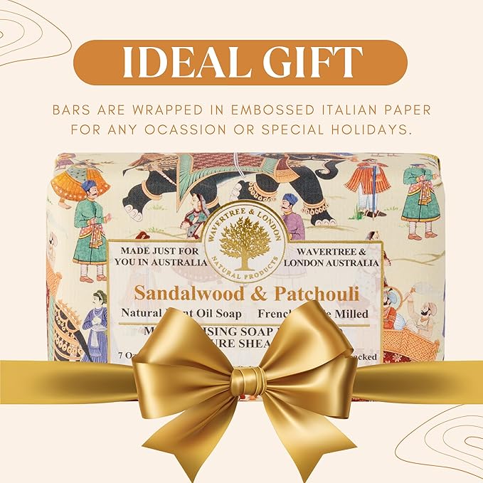 Wavertree & London Sandalwood & Patchouli Scented Natural Soap Bars (Pack of 8), 7oz Moisturizing French Triple Milled Soap Bars enriched with shea butter, Plant Based Safe for All Skin Types