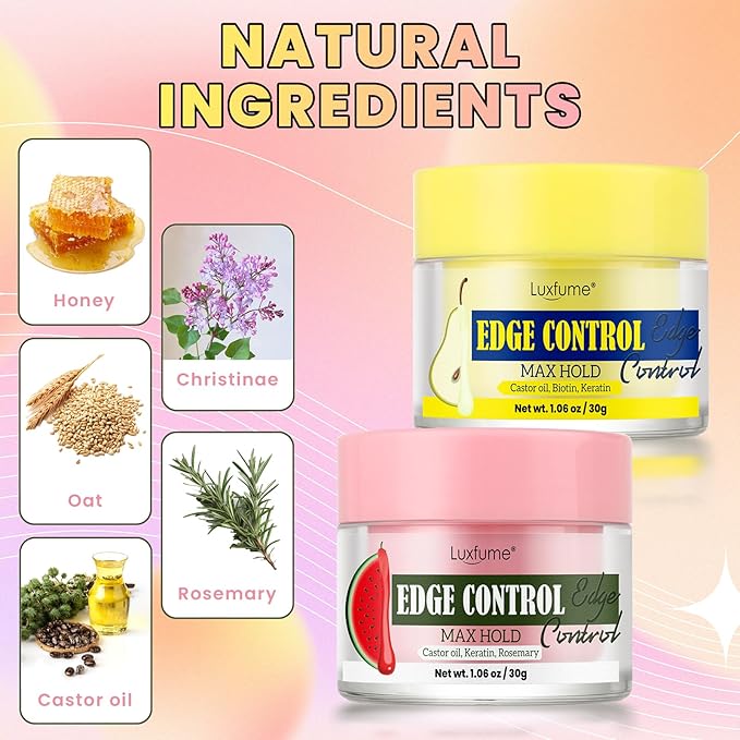 Edge Control Gel 2-Pack,Strong Hold, Shine & Styling, No Residue, Non-Greasy Formula for Smooth Edges, All Hair Types-Watermelon & Pear Scented (2x1.06oz)
