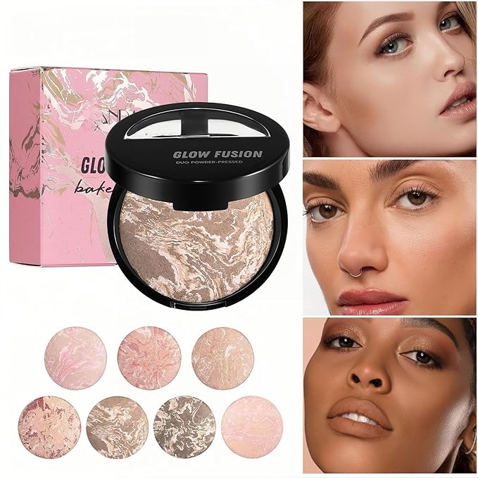 MAEPEOR Baked Setting Powder Brighten Color Correcting Powder Foundation Natural Smooth Lightweight Oil-Control Pressed Foundation (07 Porcelain To Go)