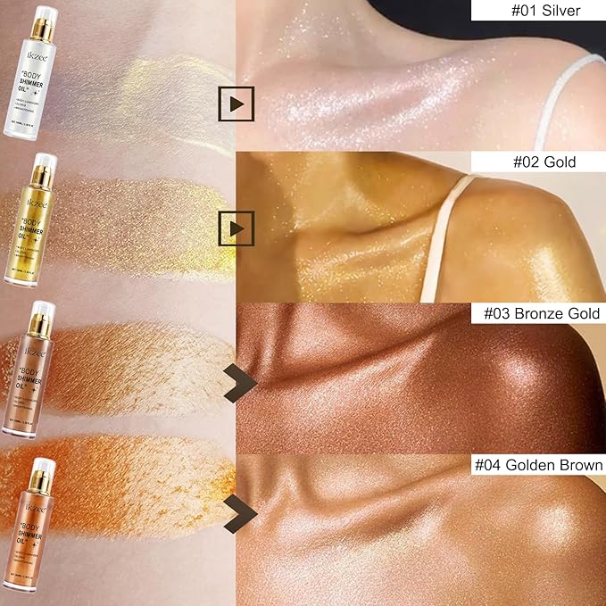 Body Shimmer Oil 100ml, Moisturizing Long Lasting Body Luminizer Face Brightener, Waterproof Liquid Illuminator, Shimmer Glow Highlighter Summer Glowing Tan Makeup (#02 Gold)